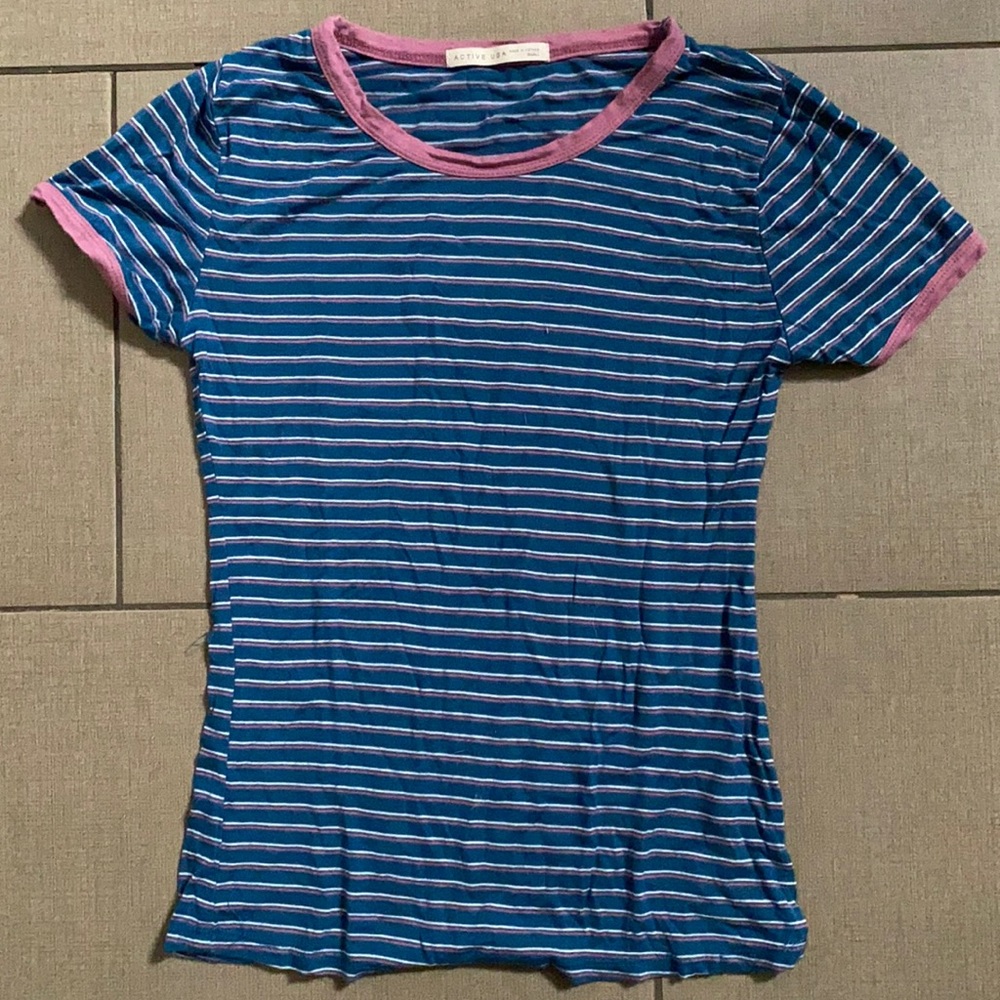 Blue pink and white striped T-shirt